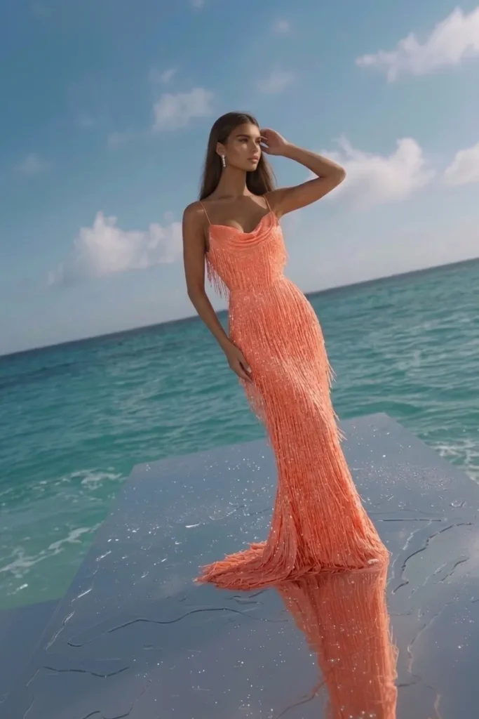 Elegant coral summer wedding guest dress, thin spaghetti straps, cowl neckline and fringed floor-length silhouette with layers of shimmering tassels, styled with large crystal drop earrings,