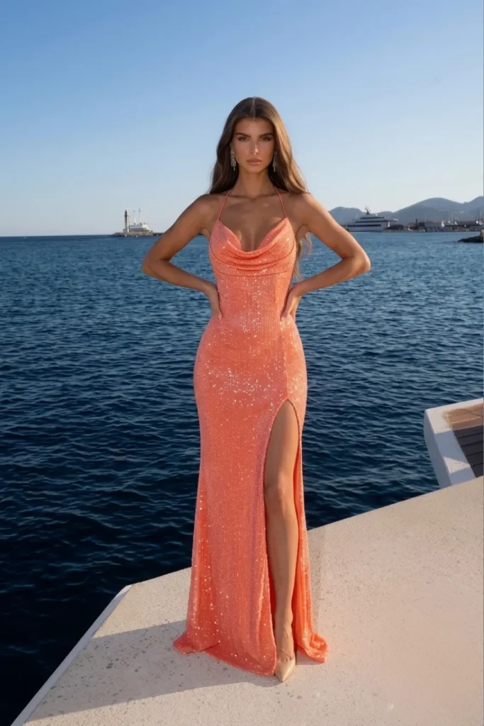 Glamorous coral sequin cocktail dress wedding guest look, a soft draped cowl neck, thin halter straps, sequined fitted mermaid silhouette and leg split, styled with crystal drop earrings