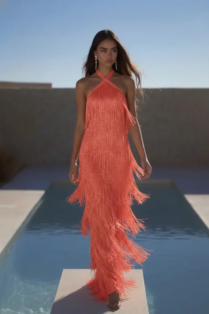 Stunning coral trendy wedding guest dress, a strappy cross halter neck and all-over tiered fringe detailing, with cascading layers of tassels flowing to a floor-length hem