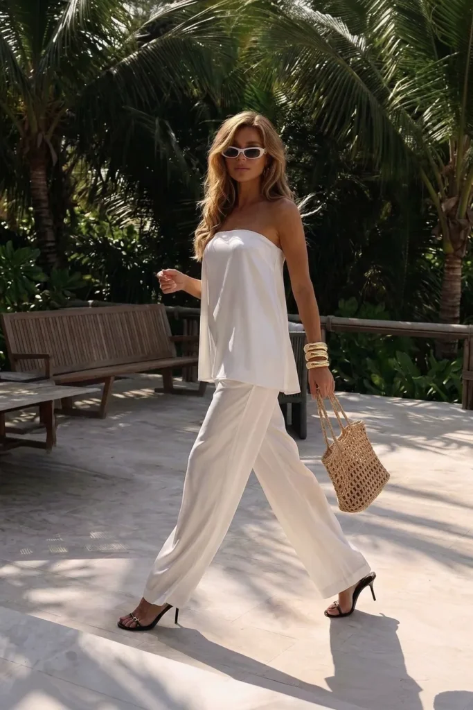 White brunch outfit summer look, a strapless flowing top, wide-leg trousers, styled with oversized white sunglasses, gold bracelets, a woven straw bucket bag and black strappy heeled sandals
