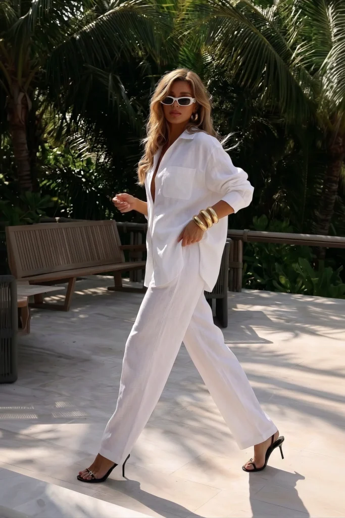 White old money summer outfit, an oversized linen button-down shirt, wide-leg linen trousers, accessorised with gold bangles, white sunglasses and black strappy heeled sandals