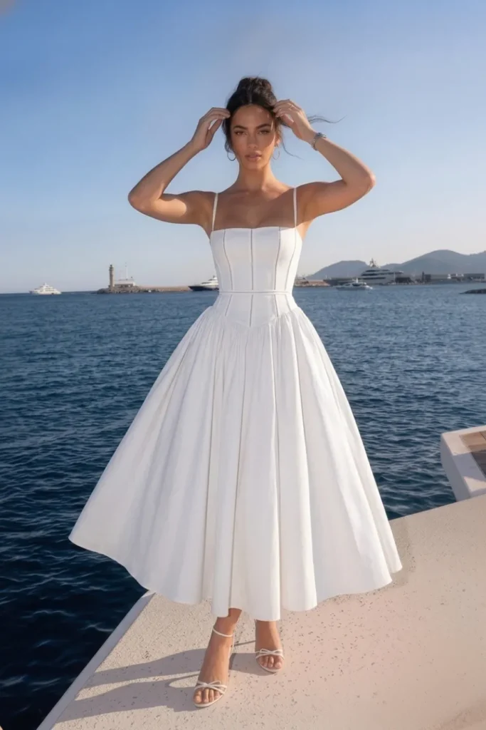 White summer outfit, a stunning corset midi dress, voluminous full pleated tea-length skirt, accessorised with gold earrings, a bracelet and white bow-detail strappy heels